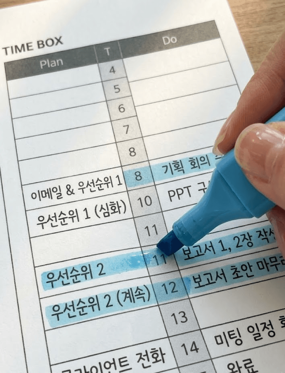 종이 플래너의 시간표 칸에 형광펜으로 블록을 칠하는 모습